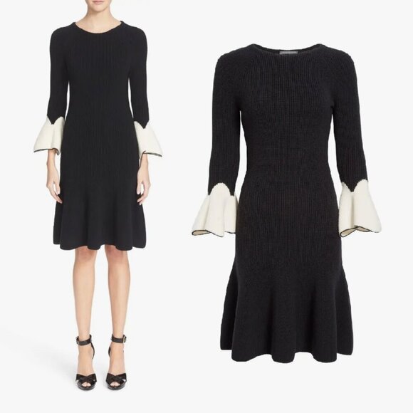 Alexander McQueen Merino Wool Bell Sleeve Colorblock Knit Dress Small - Picture 1 of 11